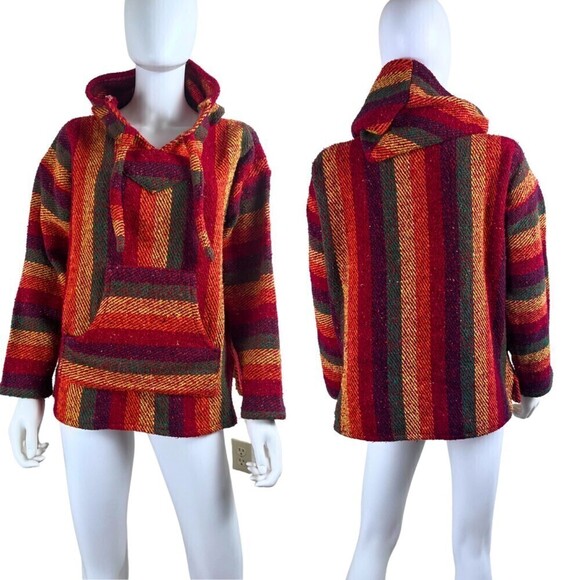 Tiaxcala Size M Pullover Stripped Mexican Poncho Colorful Hoodie Sweater Boho - Picture 1 of 6